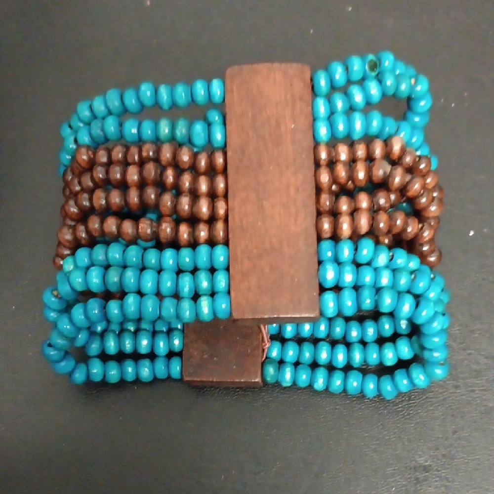Turquoise and Brown Wood Beaded Bracelet